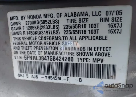 2005 Honda Odyssey Ex z USA, uszkodzony, nr VIN 5FNRL38475B424260